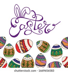 Vector frame drawing for easter. Happy easter. Spring flowers and leaves, eggs
