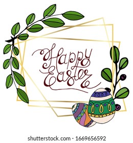 Vector frame drawing for easter. Happy easter. Spring flowers and leaves, eggs