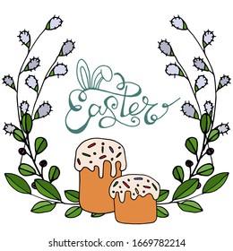 Vector frame drawing for easter. Happy easter. Spring flowers and leaves, eggs