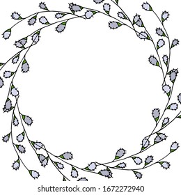 Vector frame drawing for easter. Happy easter. Spring flowers and leaves, eggs
