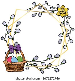 Vector frame drawing for easter. Happy easter. Spring flowers and leaves, eggs
