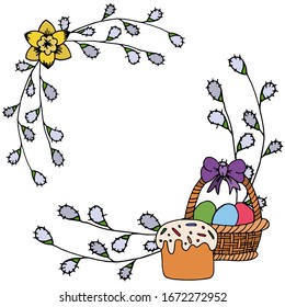 Vector frame drawing for easter. Happy easter. Spring flowers and leaves, eggs