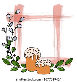 Vector frame drawing for easter. Happy easter. Spring flowers and leaves, eggs