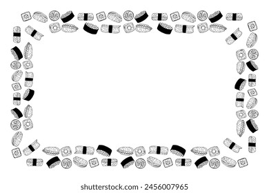 Vector frame of drawn rolls, sushi, sake, Gunkan maki. Doodle image of Japanese food, appetizer with eel, tuna, rice and nori. Black and white sketch of restaurant dishes with empty space.
