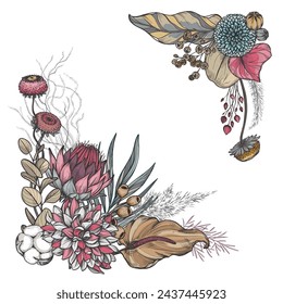 Vector frame with dried flowers, leaves and branches. Different flowers, palm leaves, eucalyptus and other plants in beautiful composition for invitation or greeting card