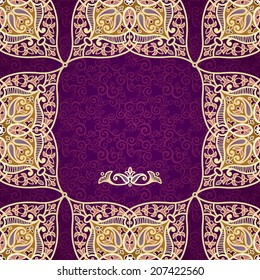 Vector frame in Eastern style. Ornate element for design and place for text. Ornamental lace pattern for wedding invitations and greeting cards. Traditional golden decor on purple background.