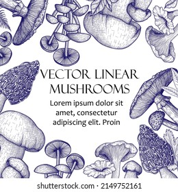 Vector frame in engraving style. Graphic linear fly agaric, chanterelles, white fungus, honey mushrooms, morel