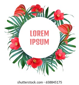 Vector frame with exotic flowers and palm leaves. Tropical summer design. Greeting card.  Hawaiian style, Trendy design.