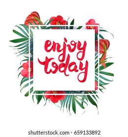 Vector frame with exotic flowers and palm leaves. Tropical summer design. Greeting card.  Hawaiian style. Trendy design.