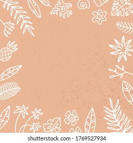 Vector Frame with Exotic Palm Leaves and flowers. Hand Drawn Recipe or Menu, social media Background. White linear illustration in doodle Style on sand textured background.