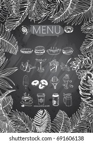 Vector Frame with Exotic Palm Leaves. Hand Drawn Recipe or Menu Background with Gray Chalkboard. Black and White illustration in Retro Style.