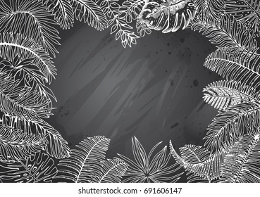 Vector Frame with Exotic Palm Leaves. Hand Drawn Recipe or Menu Background with Gray Chalkboard. Black and White illustration in Retro Style.