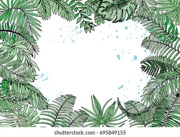 Vector Frame with Exotic Palm Leaves. Hand Drawn Recipe or Menu Background.