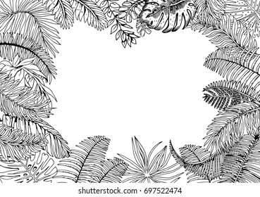Vector Frame with Exotic Palm Leaves. Hand Drawn Recipe or Menu Background. Black and White illustration in Retro Style.