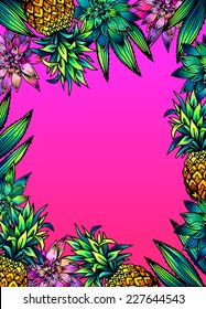 vector frame with exotic plants and pineapples.