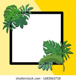 Vector frame of exotic tropical summer with palm leaves and a patterned background.