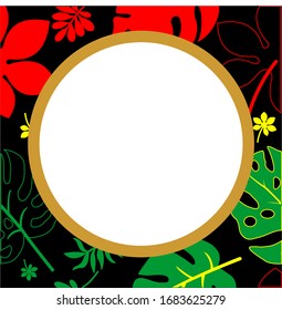 Vector frame of exotic tropical summer with palm leaves and a patterned background.