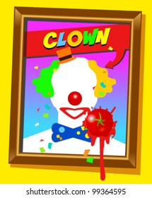 Vector frame with faceless man like clown and splashed tomato. For propaganda and funny concepts. Replace the photo with your favorite one!!!