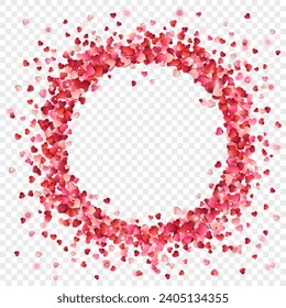 Vector frame of falling red and pink hearts confetti on the transparent background. Heart confetti for Women's Day, Valentine’s Day, for greeting cards, wedding invitation.