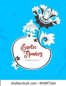 Vector frame with fantastic exotic flowers in Chinese style. Luxury ornament. Bright blue floral illustration. Ornate graphic art. Botanical element, vignettes for design template, place for text.