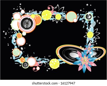 Vector frame with fantasy,flower and music elements.