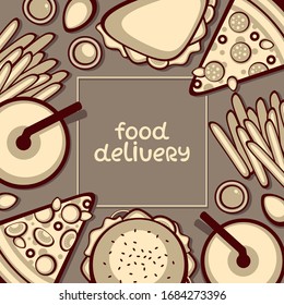 Vector frame with Fast Food. Illustration with cola, hamburgers, sandwiches, french fries and pizza slice. Design for food delivery menu and logo. Monochrome vintage Illustration. 