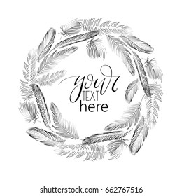 Vector frame with feathers and place for your text, white background. 