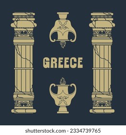 Vector Frame of figures of Greek ancient column with crack and jug with gold face on blue background . Greek concept.