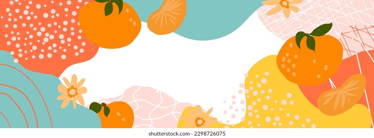 Vector frame with flat tangerines and abstract elements. Hand colored background	
