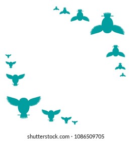 Vector frame with flat turquoise owls. Turquoise, teal, cyan, aqua color owls making a frame for photos, vector, white background.