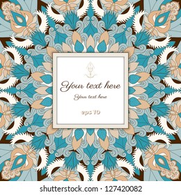 Vector frame. Floral damask ornament. Design contains many elements. Easy to change colors. Place for your text.