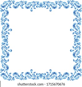 Vector frame of floral motifs in blue and white.