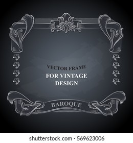 Vector frame with floral ornament on dark background for vintage design. Chalkboard hand drawn art. Decorative retro banner. Baroque.