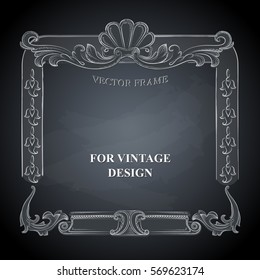Vector frame with floral ornament on dark background for vintage design. Chalkboard hand drawn art. Decorative retro banner. Baroque.