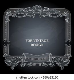 Vector frame with floral ornament on dark background for vintage design. Chalkboard hand drawn art. Decorative retro banner. Baroque. Antique floral illustration.
