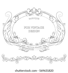 Vector frame with floral ornament on white background for vintage design. Hand drawn art. Decorative retro banner. Baroque. Antique floral illustration.