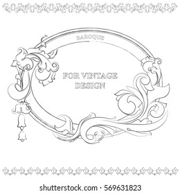Vector frame with floral ornament on white background for vintage design. Hand drawn art. Decorative retro banner. Baroque. Antique floral illustration.