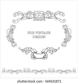 Vector frame with floral ornament on white background for vintage design. Hand drawn art. Decorative retro banner. Baroque. Antique floral illustration.