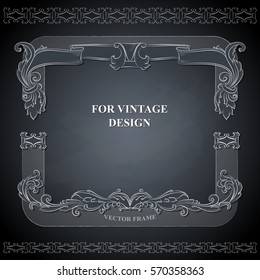 Vector frame with floral ornament on dark background for vintage design. Chalkboard hand drawn art. Decorative retro banner. Baroque. Antique floral illustration.