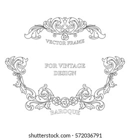 Vector frame with floral ornament on white background for vintage design. Hand drawn art. Decorative retro banner. Baroque. Antique floral illustration.