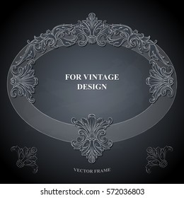 Vector frame with floral ornament on dark background for vintage design. Chalkboard hand drawn art. Decorative retro banner. Baroque.