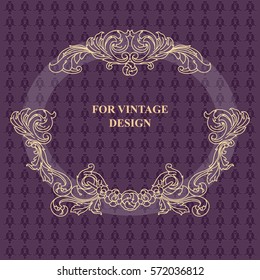 Vector frame with floral ornament on violet background for vintage design. Hand drawn art. Decorative retro banner. Baroque. Antique floral illustration.