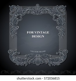 Vector frame with floral ornament on dark background for vintage design. Chalkboard hand drawn art. Decorative retro banner. Baroque.