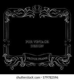 Vector frame with floral ornament on black background for vintage design. Hand drawn art. Decorative retro banner. Baroque. Antique floral illustration.