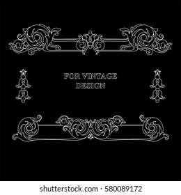Vector frame with floral ornament on black background for vintage design. Hand drawn art. Decorative retro banner. Baroque. Antique floral illustration.