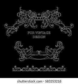 Vector frame with floral ornament on black background for vintage design. Hand drawn art. Decorative retro banner. Baroque. Antique floral illustration.