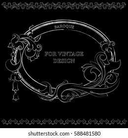 Vector frame with floral ornament on black background for vintage design. Hand drawn art. Decorative retro banner. Baroque. Antique floral illustration.