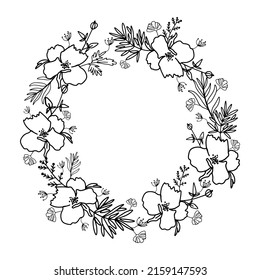 Vector frame with flowers with a black line. Botanical, floral pattern,hand drawn wreath. Designs for wrapping paper, textile, scrapbooking paper, fabric,wrapping,printing,wedding invitations.