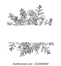 Vector frame with flowers with a black line. Botanical, floral pattern,hand drawn wreath. Designs for wrapping paper, textile, scrapbooking paper, fabric,wrapping,printing,wedding invitations.