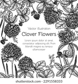 Vector frame of flowers and clover leaves in engraving style